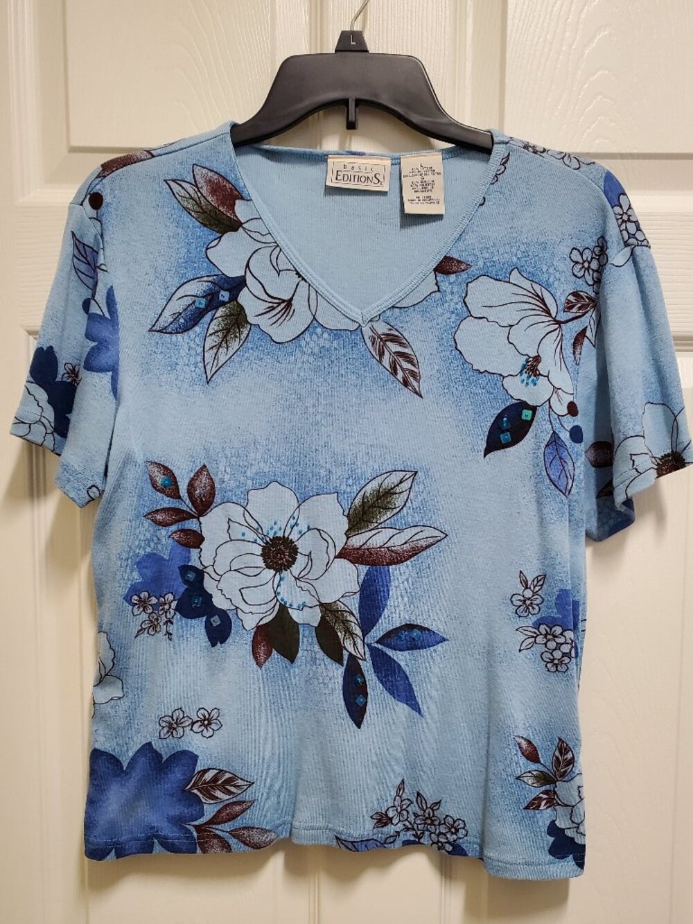 V-Neck Blue-Flowered Top with a few Sequins & Small Beads